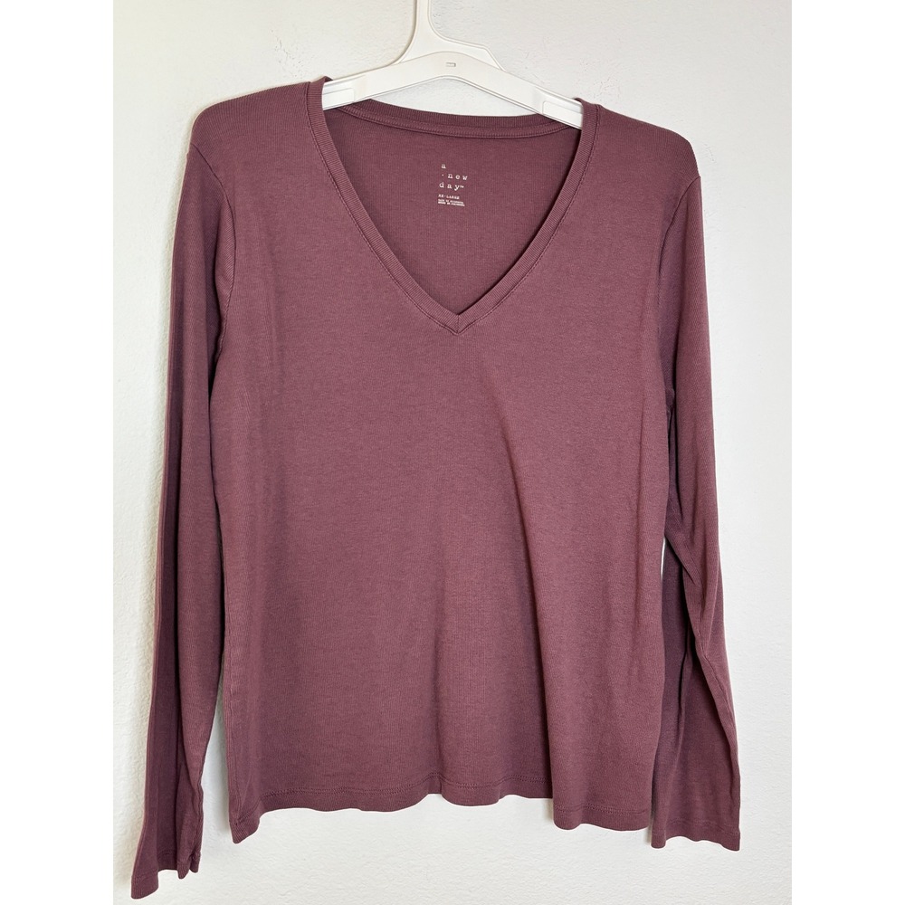 A New Day Womens XXL Ribbed V-Neck Long Sleeve T-Shirt Plum Mauve Top